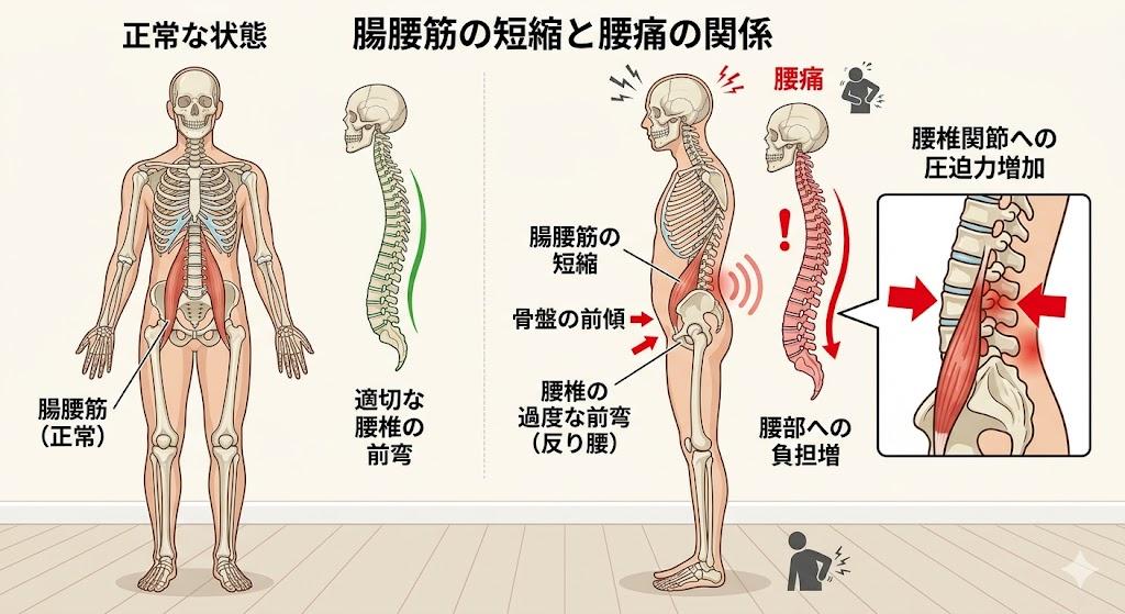 腸腰筋の短縮による骨盤前傾と腰痛の関係図