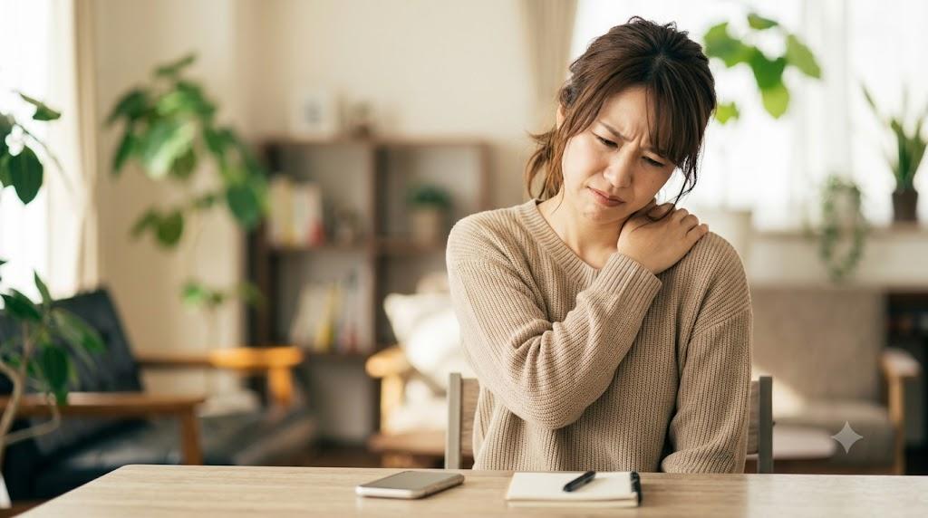 肩が上がらない症状で肩を押さえる様子