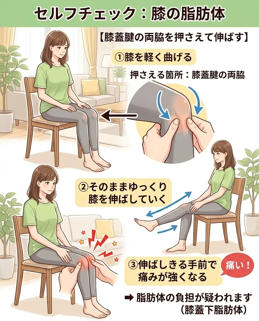 膝蓋下脂肪体炎のセルフチェック方法をイラストで解説