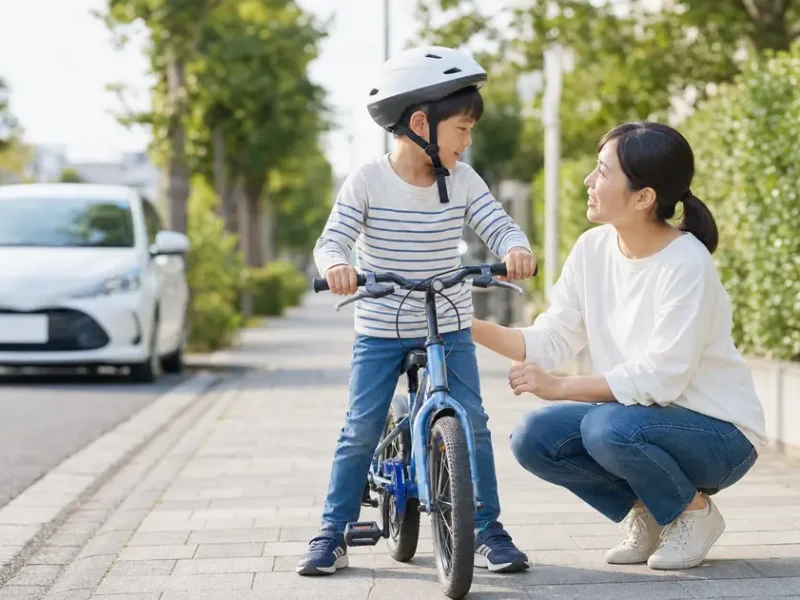 自転車とヘルメットを身に着けた子どもに保護者が安全を確認している様子