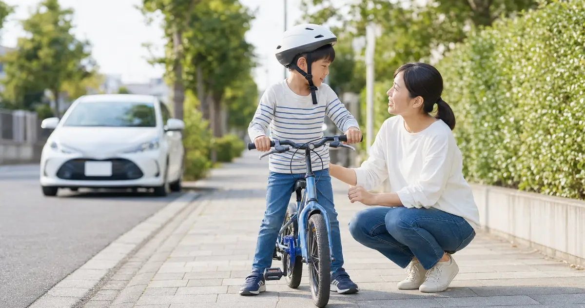 自転車とヘルメットを身に着けた子どもに保護者が安全を確認している様子