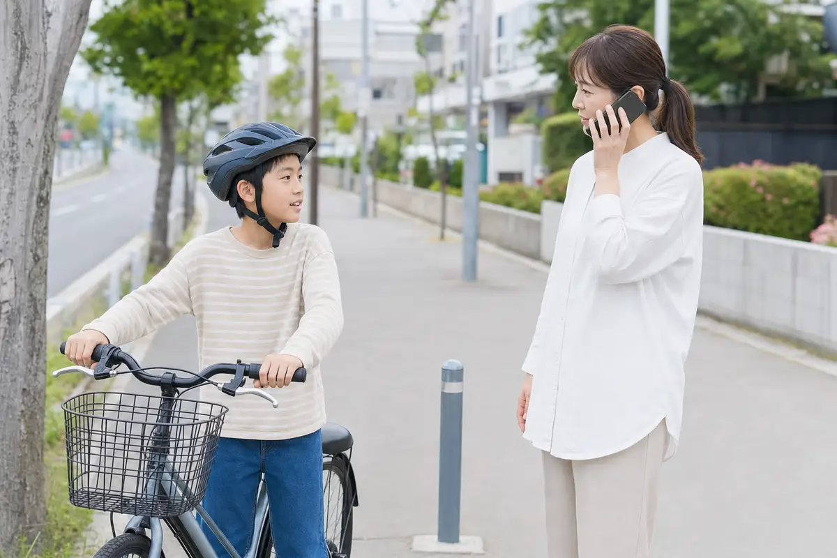 自転車の子どものそばで保護者が電話をして助けを求めている様子