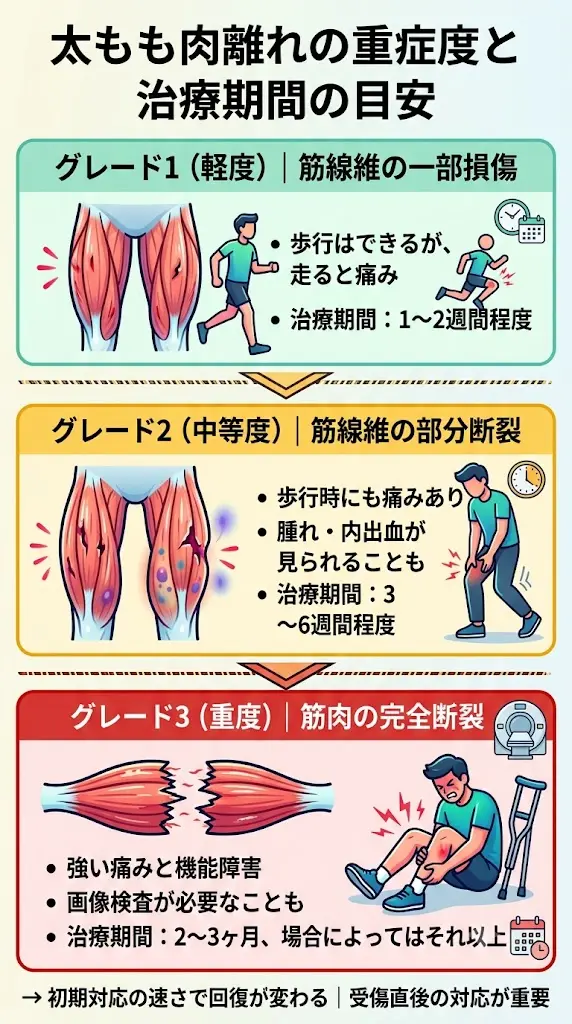 太もも肉離れの重症度と治療期間の目安を示す図