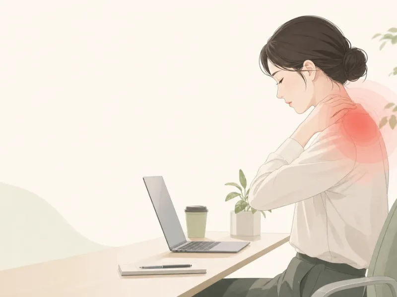 首と肩のこりを気にしながらデスクワークをする人のイラスト