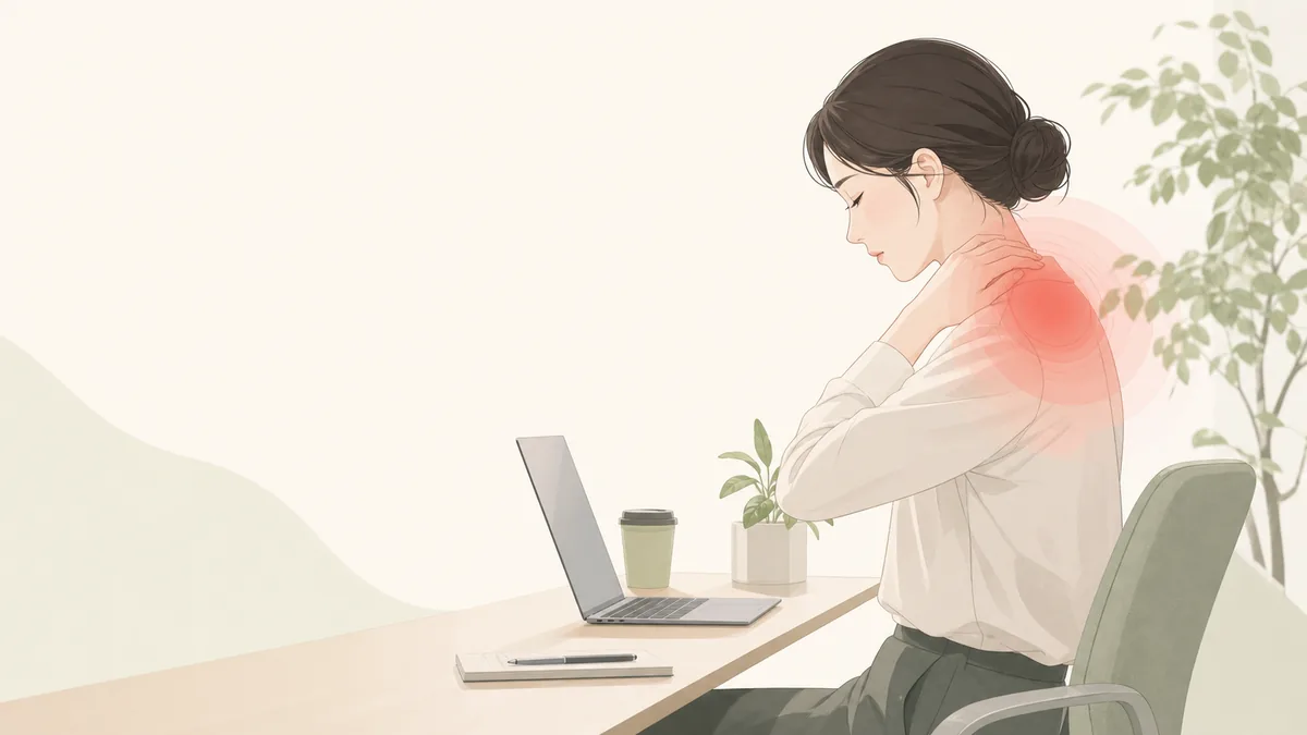 首と肩のこりを気にしながらデスクワークをする人のイラスト