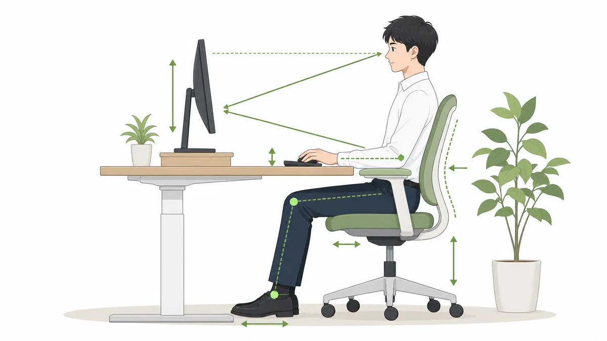 首と肩に負担が偏りにくいデスク環境を示すイラスト