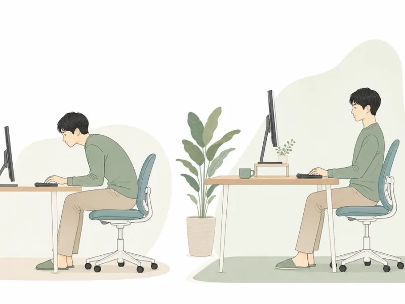 猫背になりやすい姿勢と自然な作業姿勢を比較するイラスト