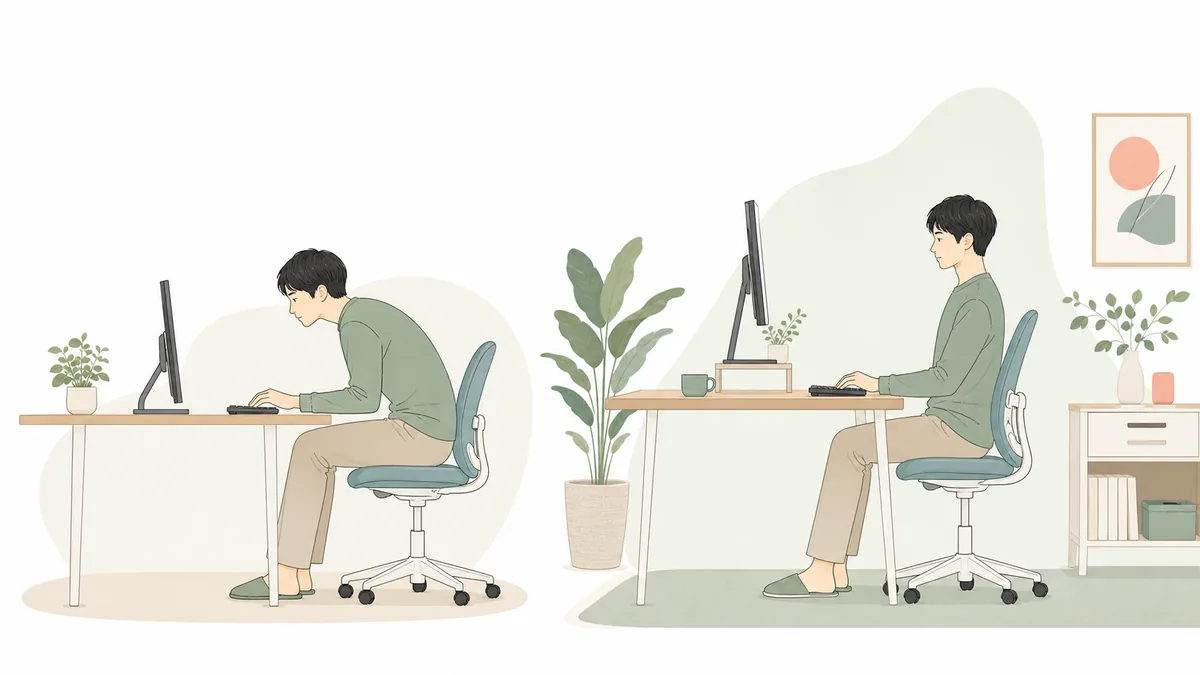 猫背になりやすい姿勢と自然な作業姿勢を比較するイラスト