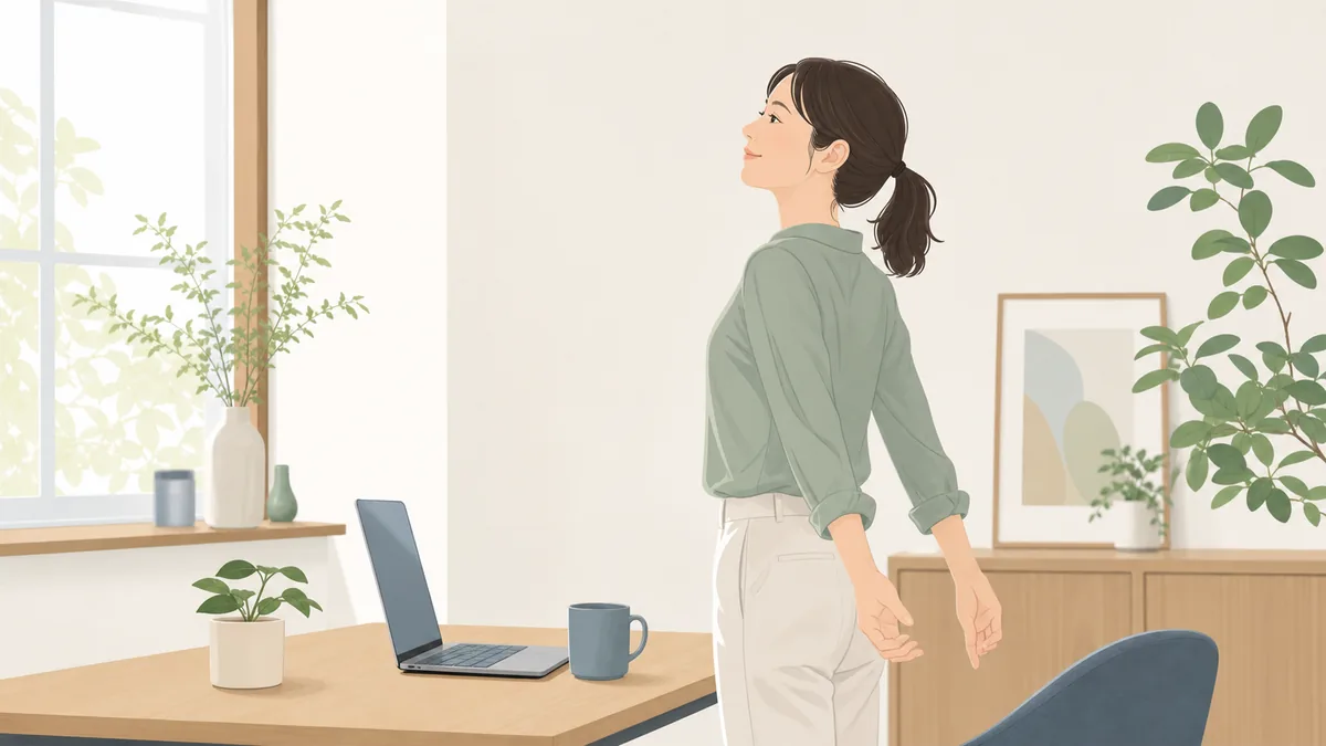 デスク作業の合間に肩と背中をゆっくり動かす人のイラスト
