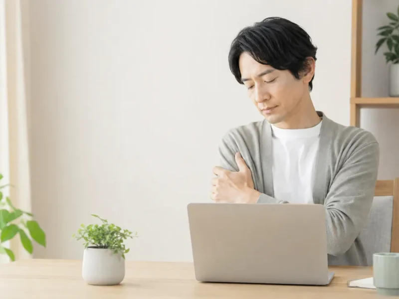パソコン作業のあと、腕の重だるさを気にする男性