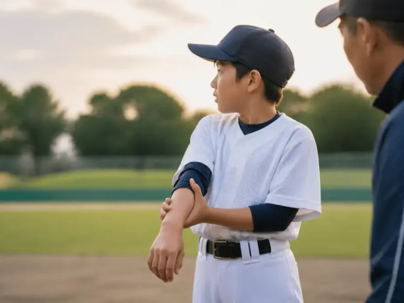 野球場で肘を気にする子どもの野球選手と見守る指導者