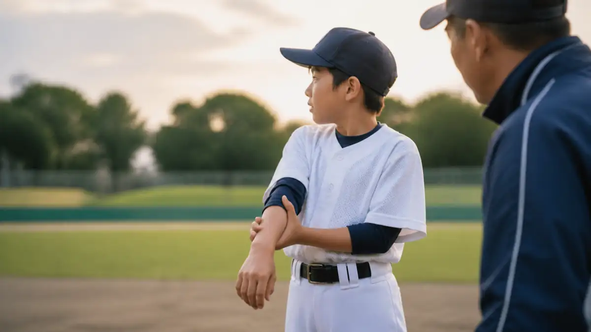 野球場で肘を気にする子どもの野球選手と見守る指導者