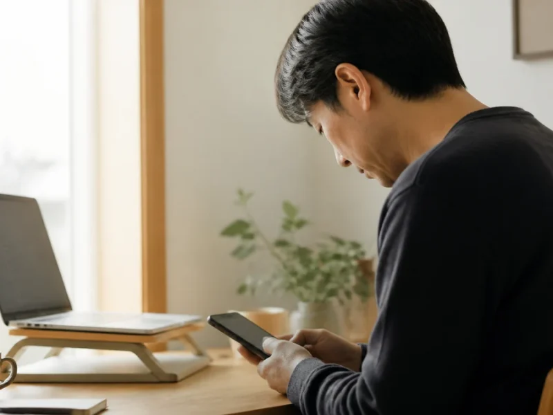 ノートPCとスマホを見ながら座るデスクワーカー