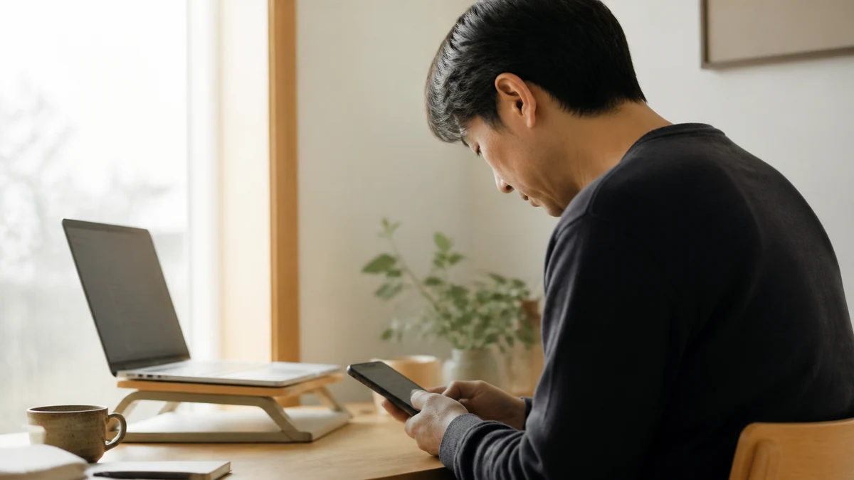 ノートPCとスマホを見ながら座るデスクワーカー