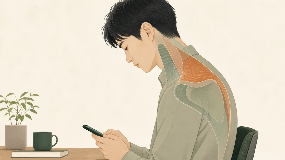 スマホを見る姿勢と首・肩・背中まわりの筋肉を示すイラスト