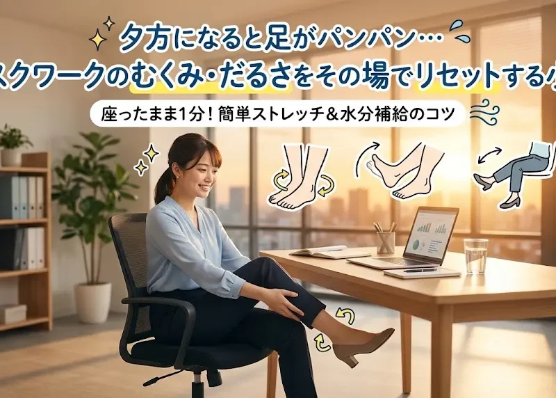夕方のデスクワーク中に足のむくみを気にする女性と、座ったままできる足首運動を示すイラスト