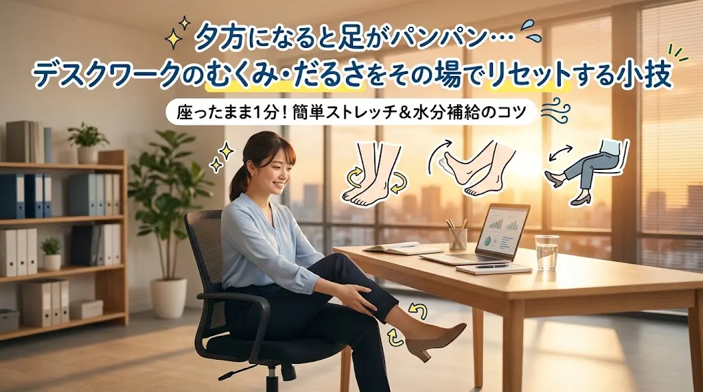 夕方のデスクワーク中に足のむくみを気にする女性と、座ったままできる足首運動を示すイラスト