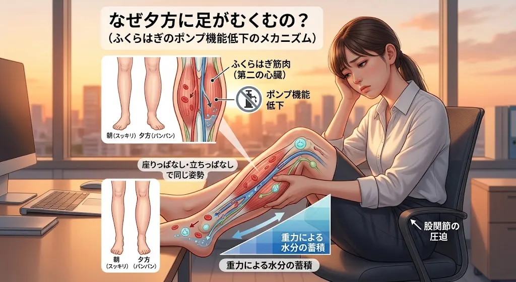 同じ姿勢が続くことで夕方に脚がむくみやすくなる仕組みを示すイラスト