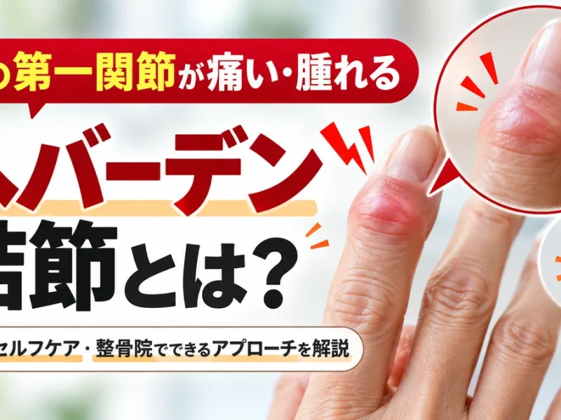 指の第一関節の痛みと腫れ、ヘバーデン結節を解説するアイキャッチ