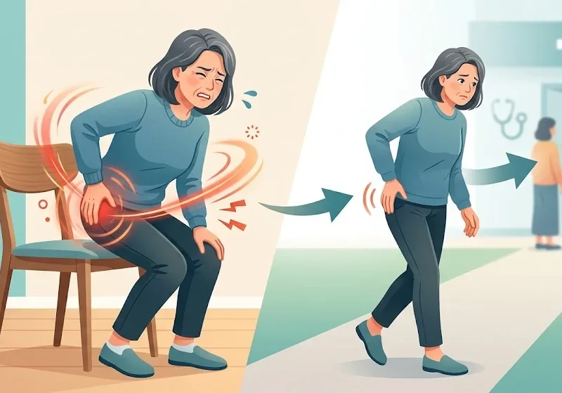椅子から立ち上がる際に股関節を押さえる女性と、歩いて受診する女性のイラスト