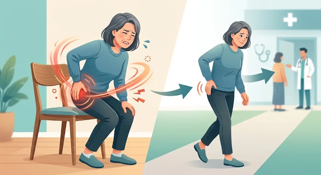 椅子から立ち上がる際に股関節を押さえる女性と、歩いて受診する女性のイラスト
