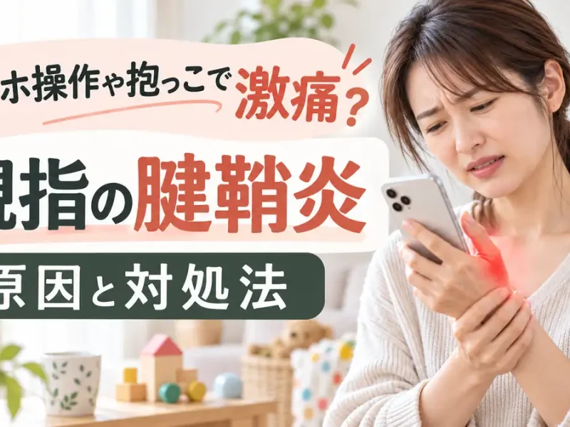 スマートフォンを持つ女性の親指と手首の痛みを示した、親指の腱鞘炎のアイキャッチ