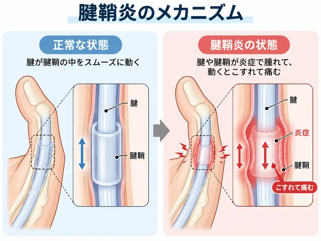 親指の腱鞘炎で腱と腱鞘が擦れて痛む仕組みを示した図