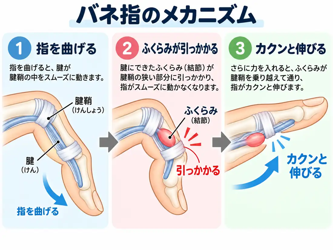 ばね指で腱のふくらみが腱鞘に引っかかり、カクンと伸びる仕組みを示した図