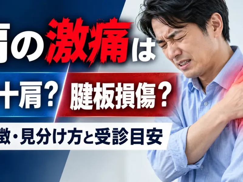 肩の激痛で右肩を押さえる男性と、四十肩・腱板損傷の見分け方を示すアイキャッチ画像