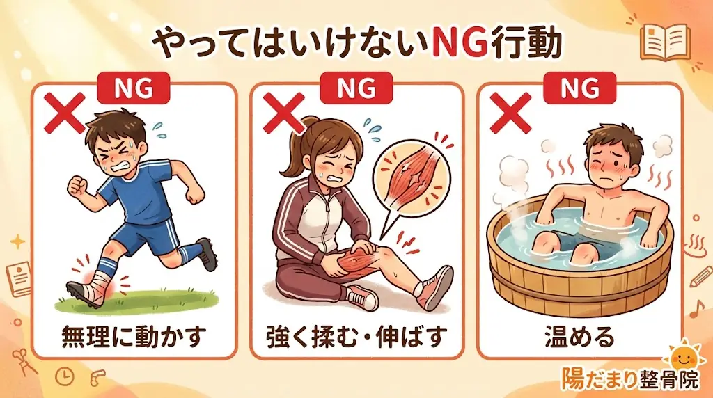捻挫や肉離れの直後に避けたい無理な運動、強いマッサージ、長時間温める行動を示す図